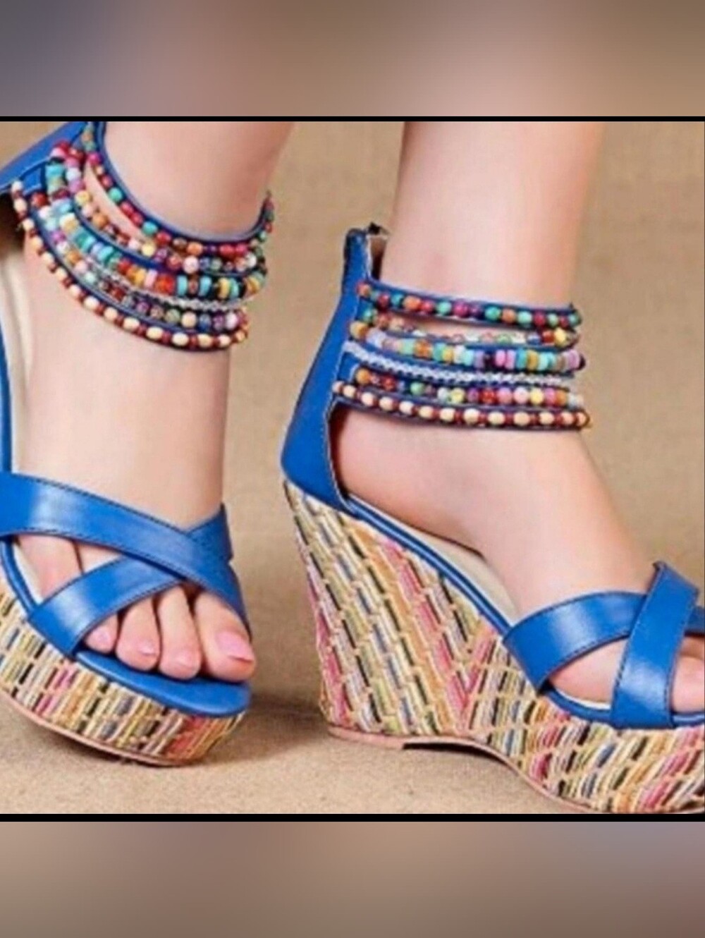 Getmorebeauty Royal Blue Beaded Wedge Sandals NWOT